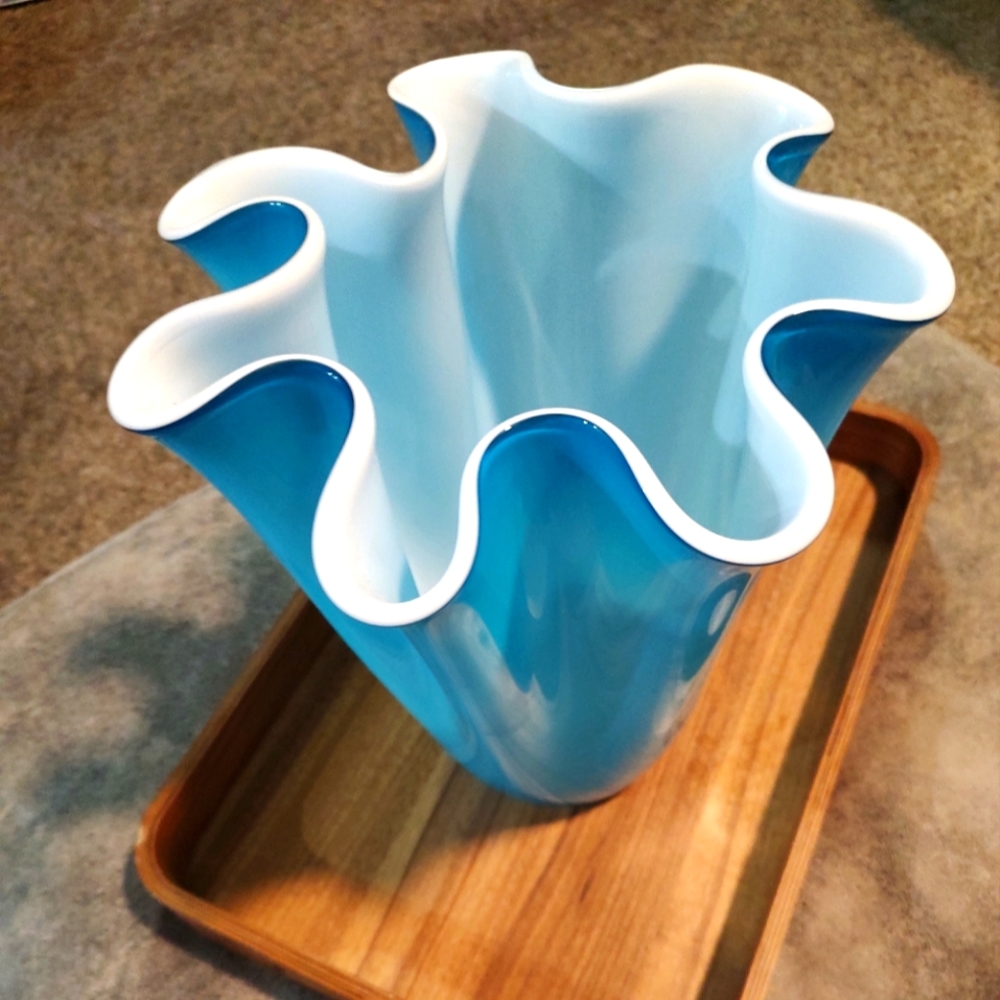 Large Beautiful Vintage MCM Turquoise unique blown glass Murano cased vase RARE - Picture 4 of 11
